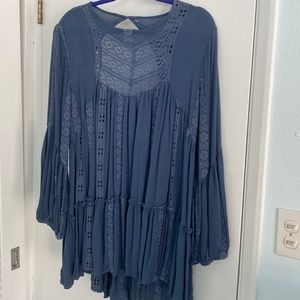 Free People cotton swing long sleeve Dress or Tunic light navy Lace embroidery
